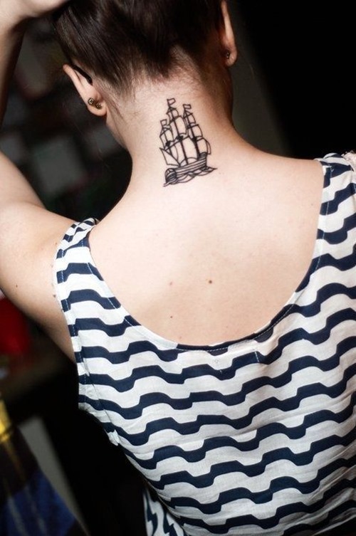 Black Simple Boat Tattoo On Girl Back Neck