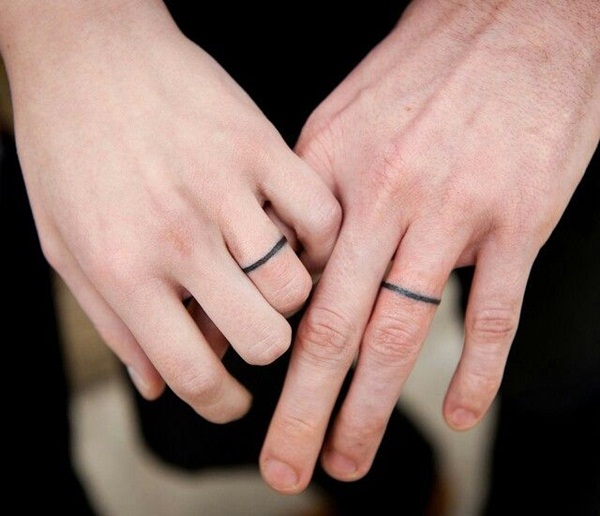 Black Simple Line Ring Tattoo On Couple Finger