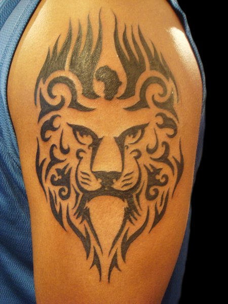 Black Tribal African Lion Head Tattoo On Shoulder