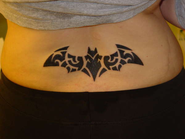 Black Tribal Batman Logo Tattoo On Lower Back