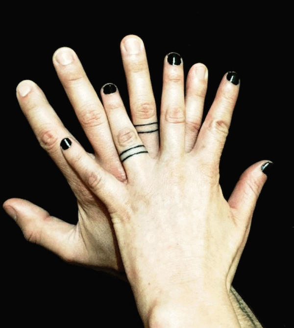 Black Two Simple Line Ring Tattoo On Couple Finger