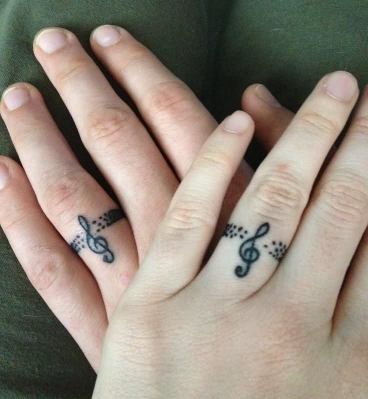 Black Violin Key Ring Tattoo On Couple Finger
