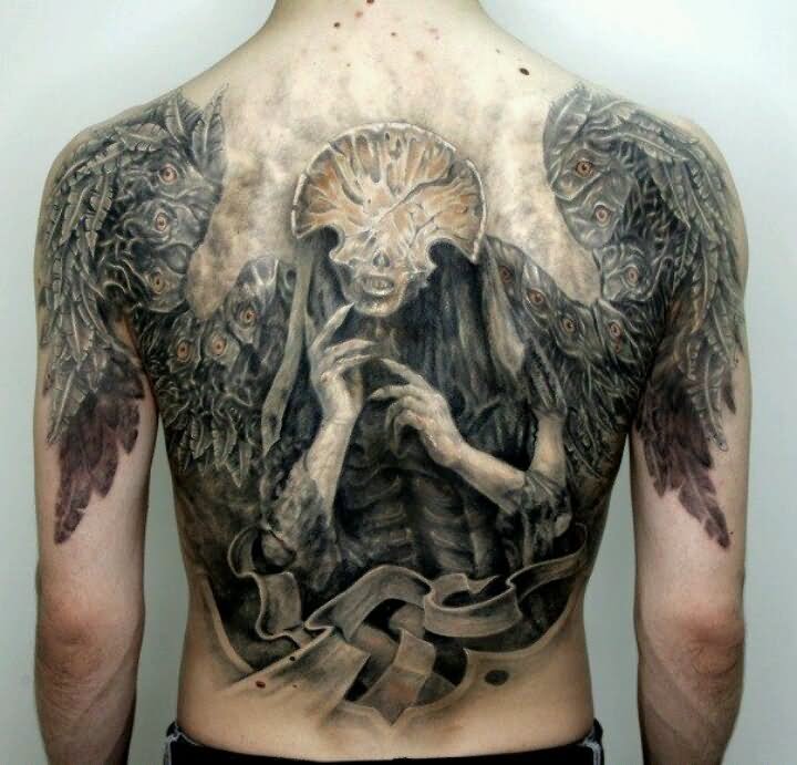Black and Grey Scary Woman With Wings Tattoo On Man Full Back