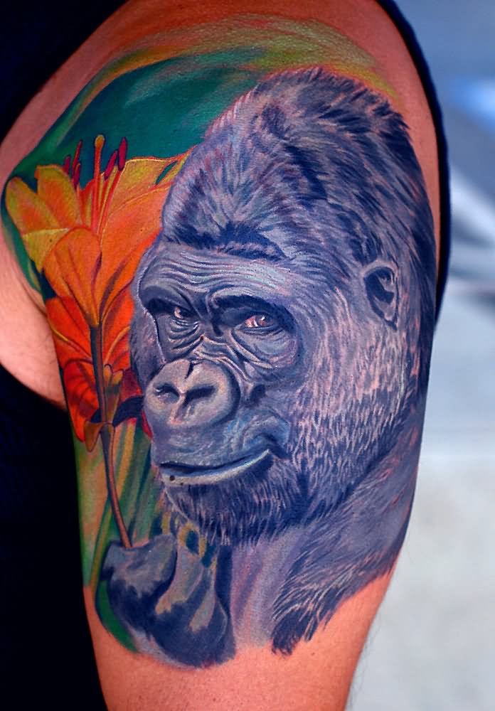 Blue Gorilla Face Tattoo On Shoulder