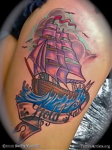 Colorful Boat With Banner Tattoo Design For Shoulder