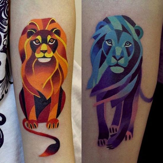 Colorful Geometric Lioness Tattoo Design