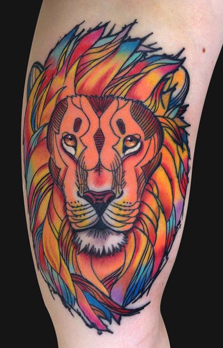 Colorful Lioness Head Tattoo On Bicep