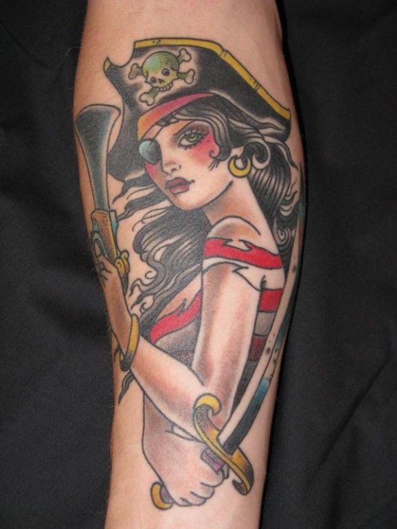Colorful Pirate Girl Tattoo Design For Forearm By Asanovski