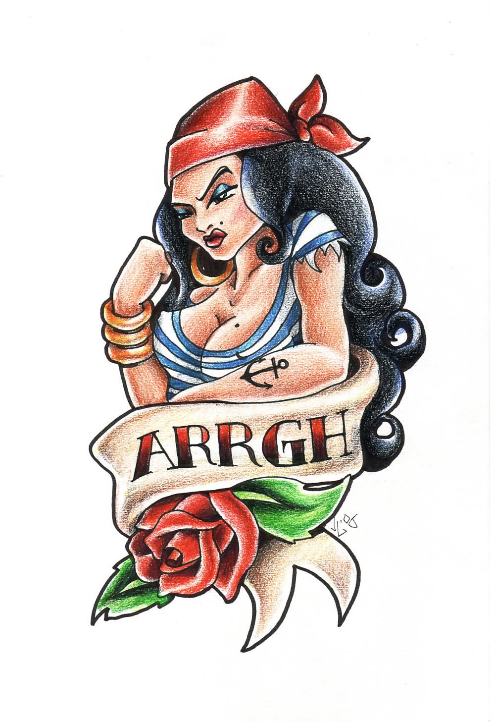 Colorful Pirate Girl With Banner And Red Rose Tattoo Design