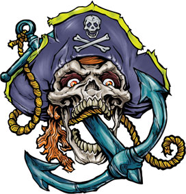 Colorful Pirate Skull In Anchor Tattoo Design