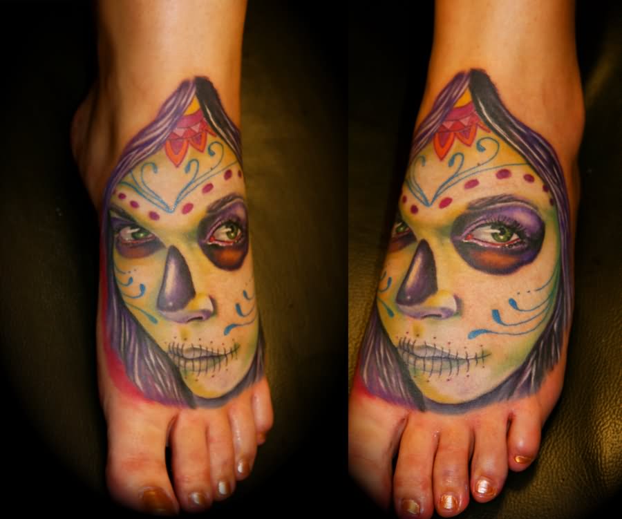 Colorful Possessed Painting Tattoo On Foot