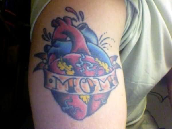Colorful Real Heart Tattoo With Mom Banner Tattoo On Shoulder