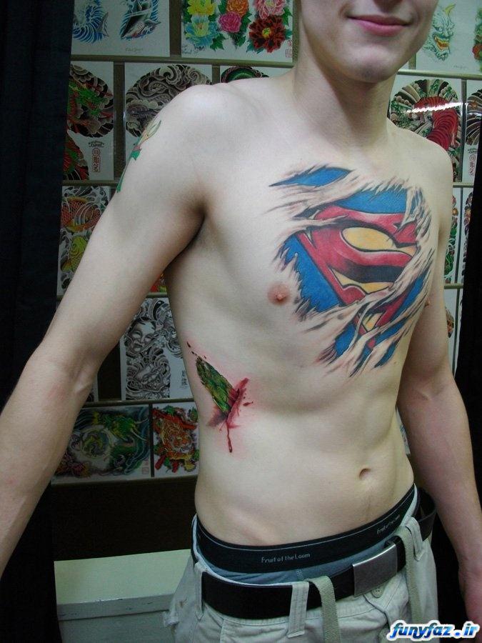 Colorful Ripped Skin Superman Logo Tattoo On Man Chest