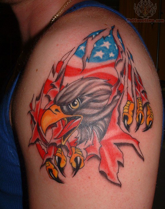 Colorful Ripped Skin USA Flag With Eagle Tattoo On Shoulder