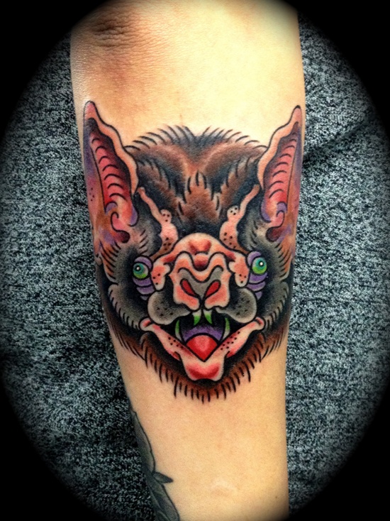 Colorful Scary Bat Tattoo On Forearm