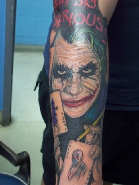 Colorful Scary Joker Face Tattoo On Forearm By Ufuk