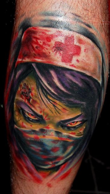 Colorful Scary Nurse Face Tattoo Design