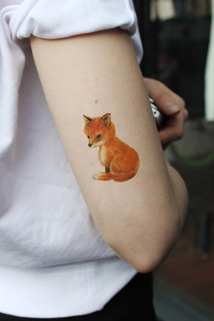 Cute Fox Cub Tattoo On Half Sleeve