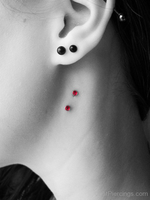 Double Lobe And Devil Bites Piercing On Side Neck