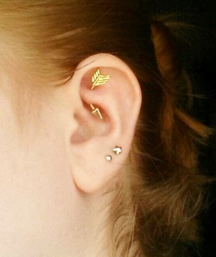 Double Lobe and Rook Piercing With Arrow