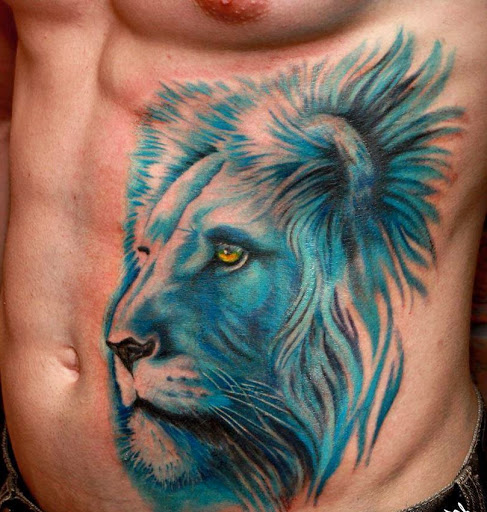 Green And White 3D Lioness Head Tattoo On Stomach