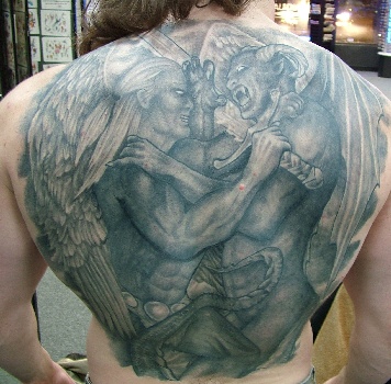 Grey Angel And Demon Tattoo On Man Full Back