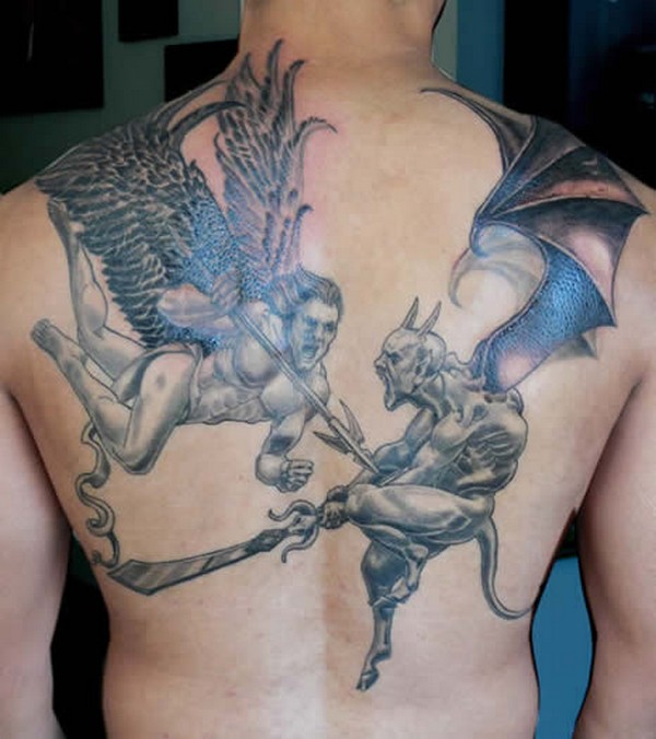 Grey Ink Demon And Angel Fighting Tattoo On Man Back