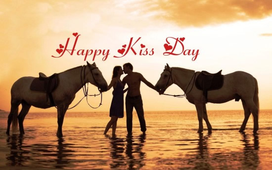 Happy Kiss Day Loving Couple On Beach With Horses