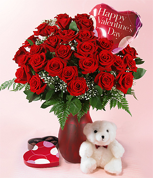 Happy Valentines Day Rose Flowers Bouquet And Teddy Bear Picture
