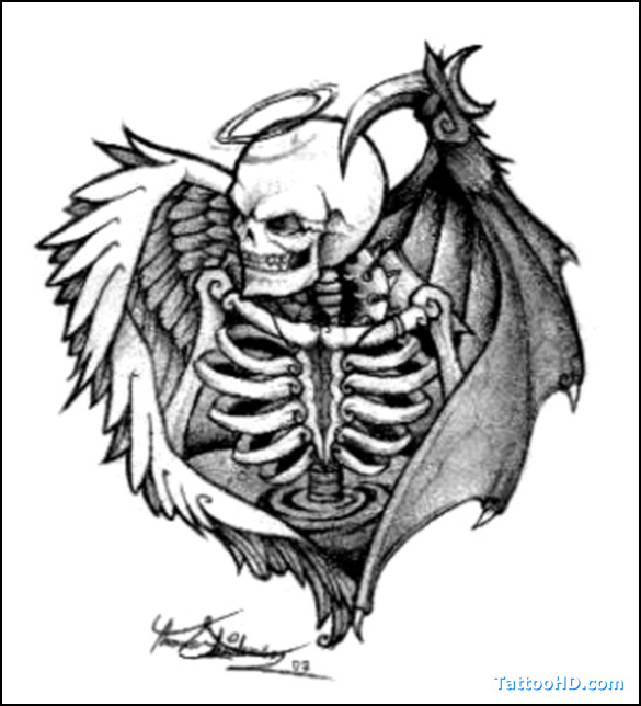 Human Skeleton With Angel And Devil Wings Tattoo Design