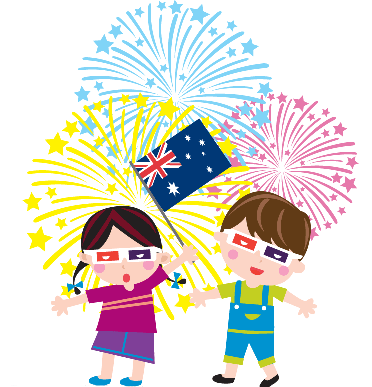 Kids Celebrating Australia Day Fireworks Clipart