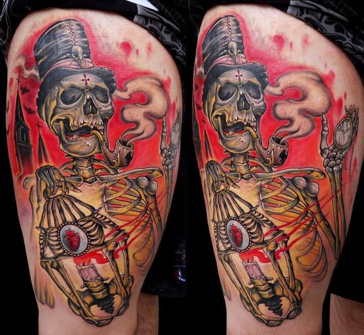 Laltane In Smoking Skeleton Hand Tattoo On Thigh By Alex Gotza
