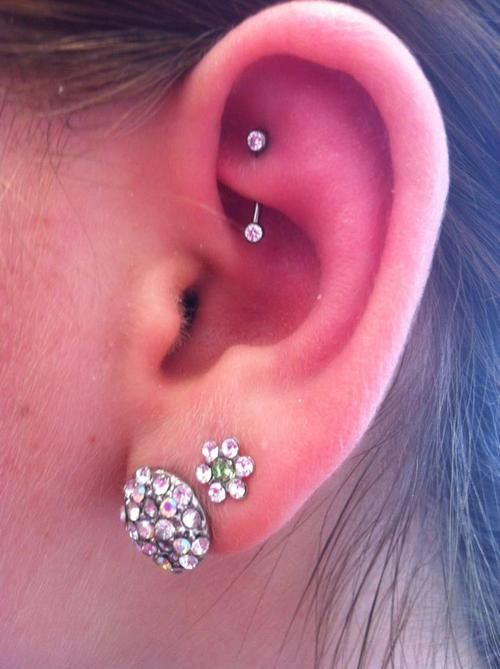 Left Ear Dual Lobe And Rook Piercing