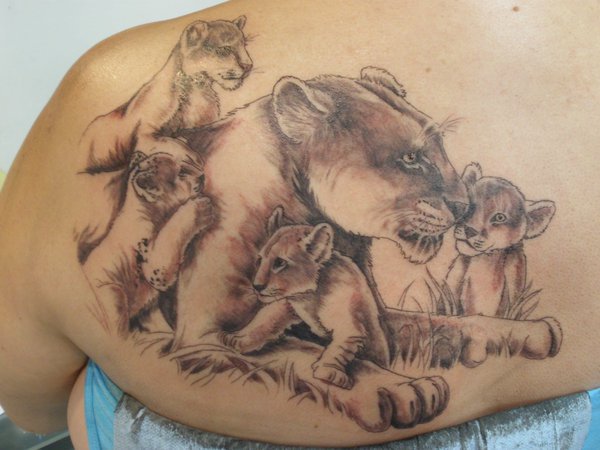 Lioness With Cubs Tattoo On Left Back Shoulder By Joel Xian