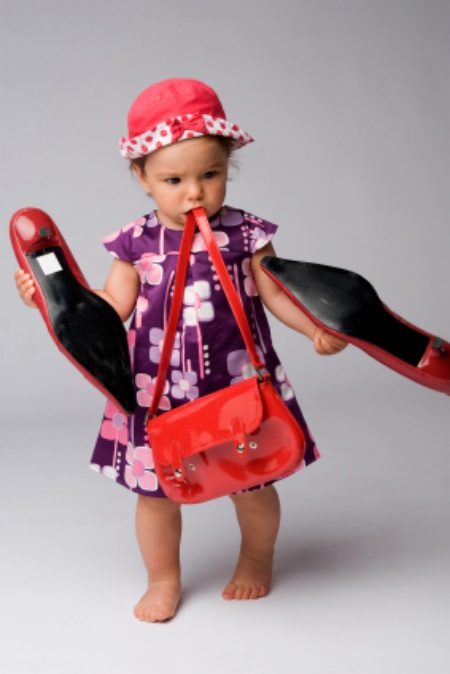 Little Girl With Red Purse And Big Adult Shoes Funny Fashion