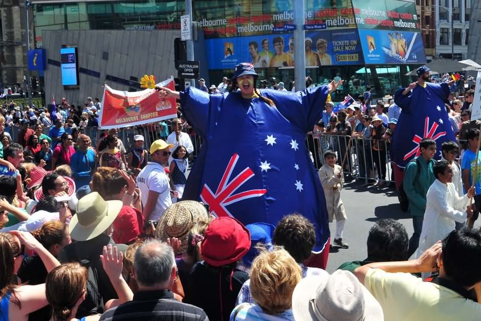 Man Wearing Big Australia Flag On Australia Day Parade