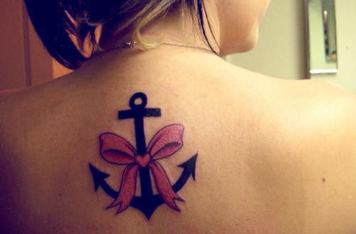Pink Bow On Anchor Tattoo On Girl Upper Back