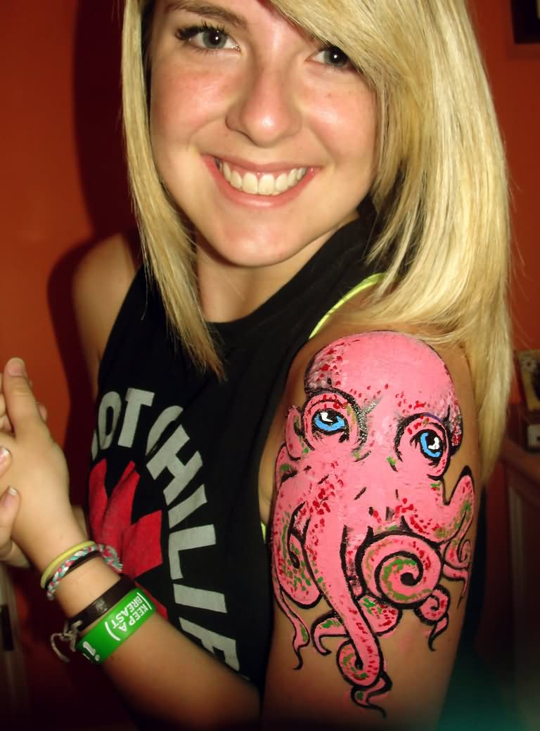 Pink Octopus Painting Tattoo On Girl Shoulder By Bailey