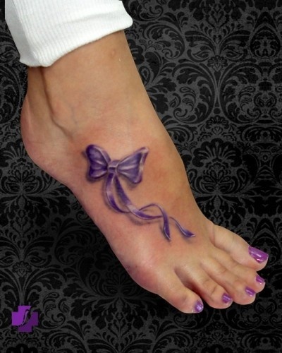 Purple 3D Ribbon Bow Tattoo On Girl Foot