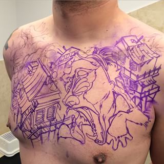 Purple Baboon Tattoo On Man Chest