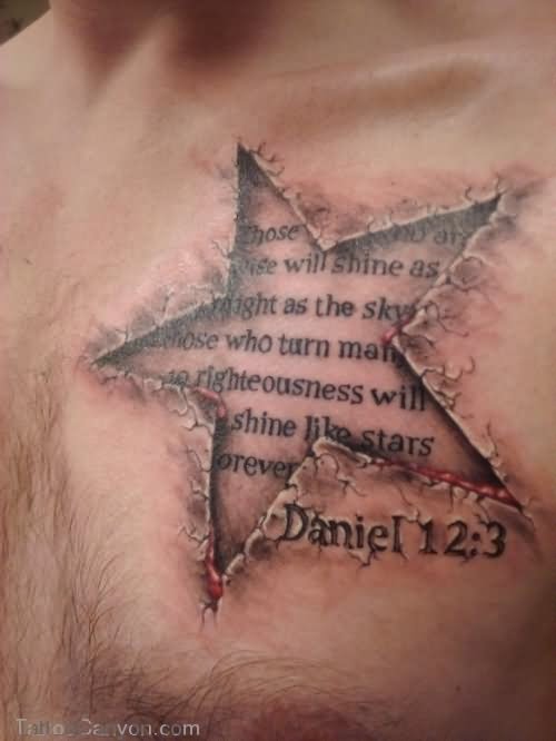 Quote In Ripped Skin Star Tattoo On Man Chest