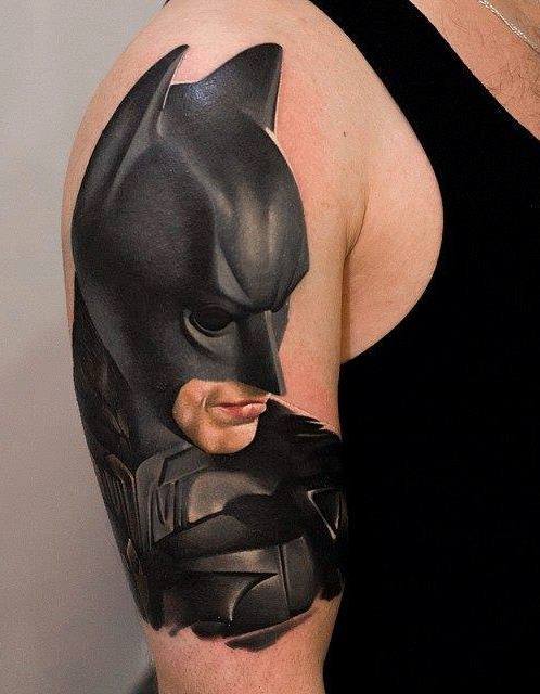 Realistic 3D Batman Face Tattoo On Shoulder