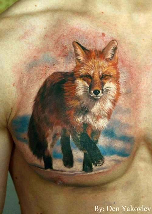 Realistic Fox Tattoo On Man Right Chest