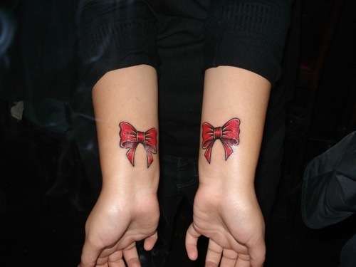 Red 3D Bow Tattoo On Both Wrist