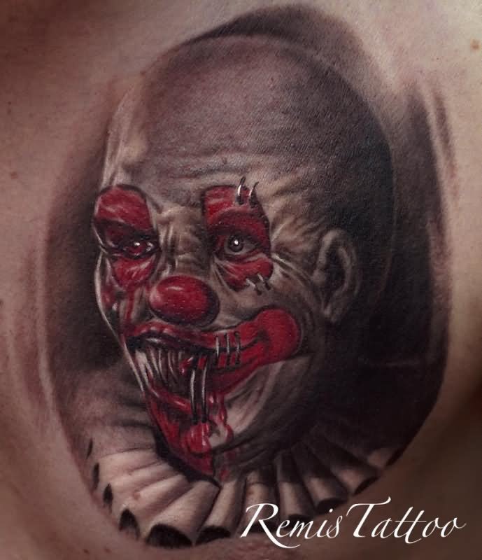 Red And Grey Scary Clown Face Tattoo Design By Remis