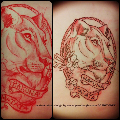 Red Lioness Head In Frame With Banner Tattoo Design