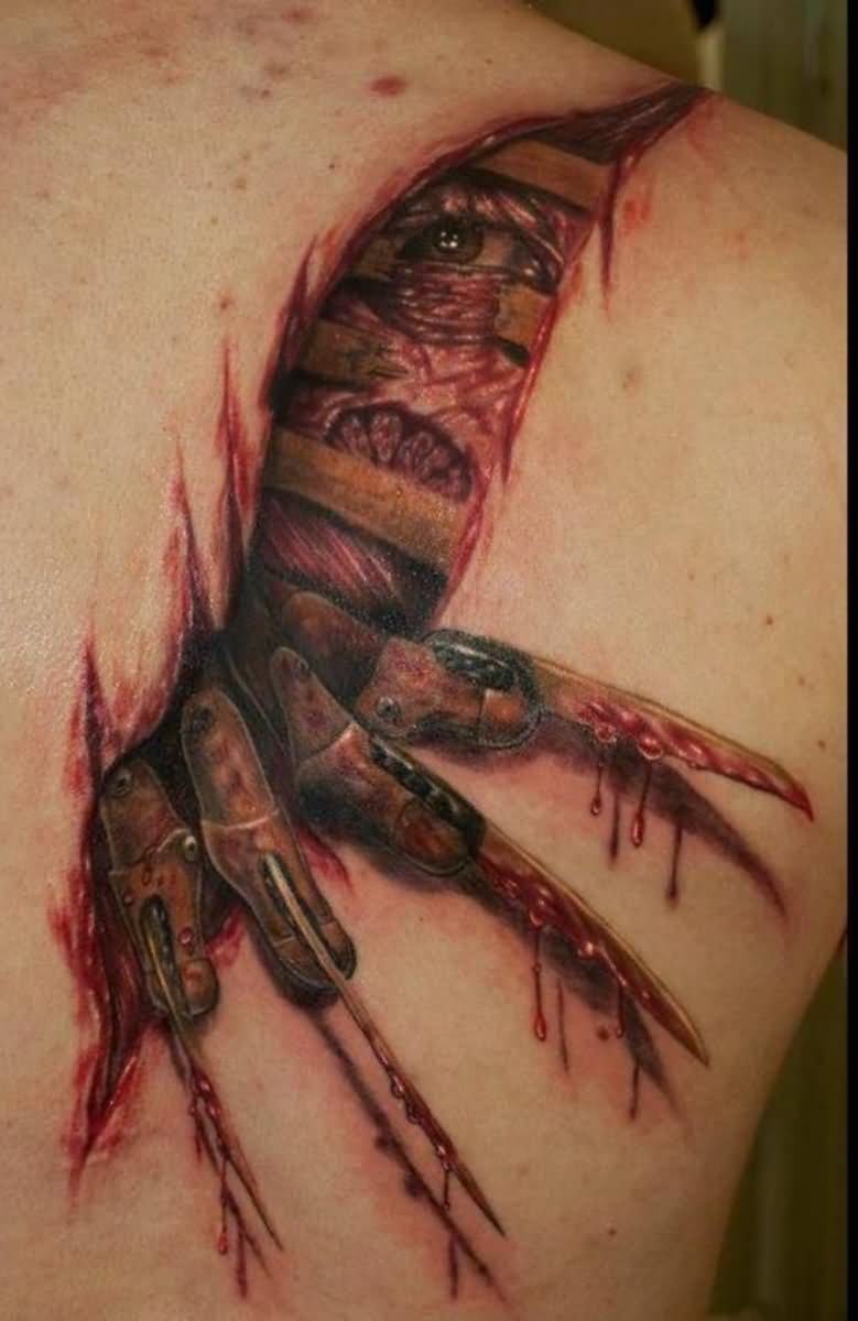 Ripped Skin 3D Scary Freddy Krueger Tattoo On Back Shoulder
