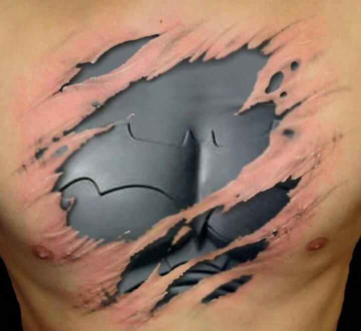 Ripped Skin Batman Dress Tattoo On Man Chest