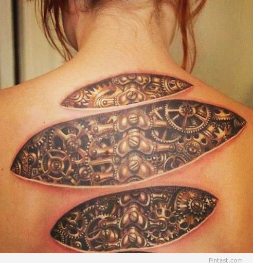 Ripped Skin Biomechanical Tattoo On Girl Upper Back