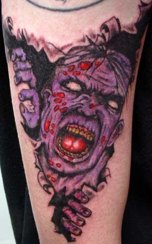 Ripped Skin Colorful Scary Zombie Tattoo On Half Sleeve
